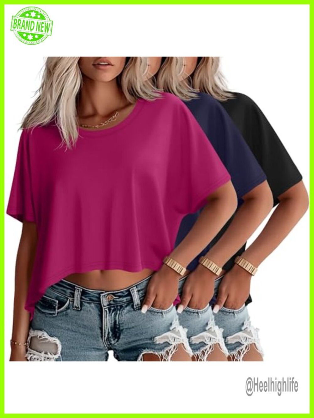 3 Pack Women's Oversized Cropped T Shirts Loose Fit Short Sleeve Crew Neck